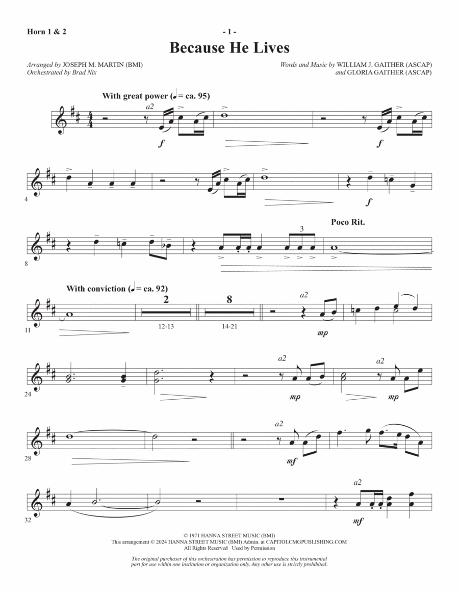 Because He Lives (arr. Joseph M. Martin) - Horn 1 & 2 Choir scores gallery preview page 1