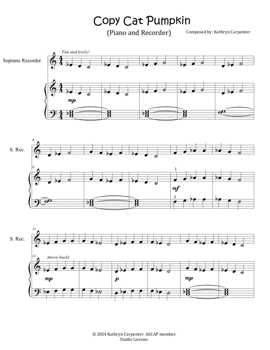 Copy Cat Pumpkin (Easy Piano and Recorder) Soprano Recorder scores gallery preview page 1