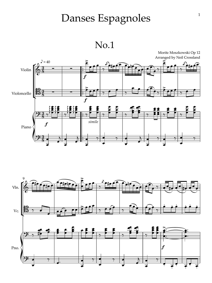 Moszkowski - Spanish Dances Op 12 Nos. 1-5 (complete set) arranged for Piano Trio Piano Trio scores gallery preview page 2