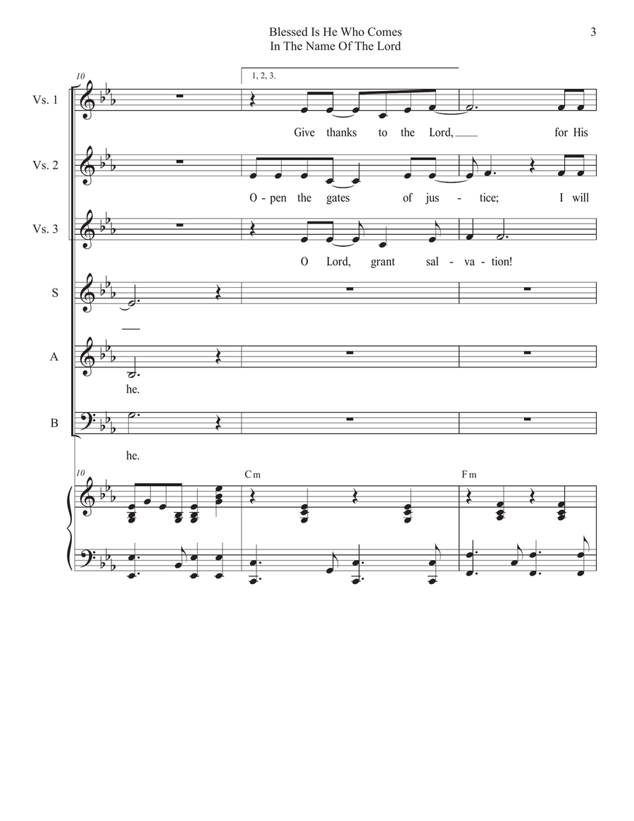 Blessed Is He Who Comes In The Name Of The Lord (SAB) 3-Part scores gallery preview page 3