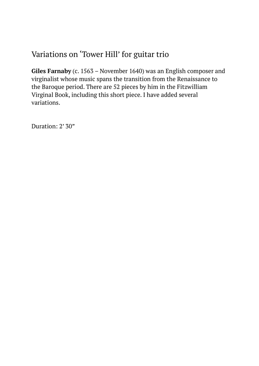 Variations on 'Tower Hill' (Farnaby) for guitar trio Guitar Ensemble scores gallery preview page 2
