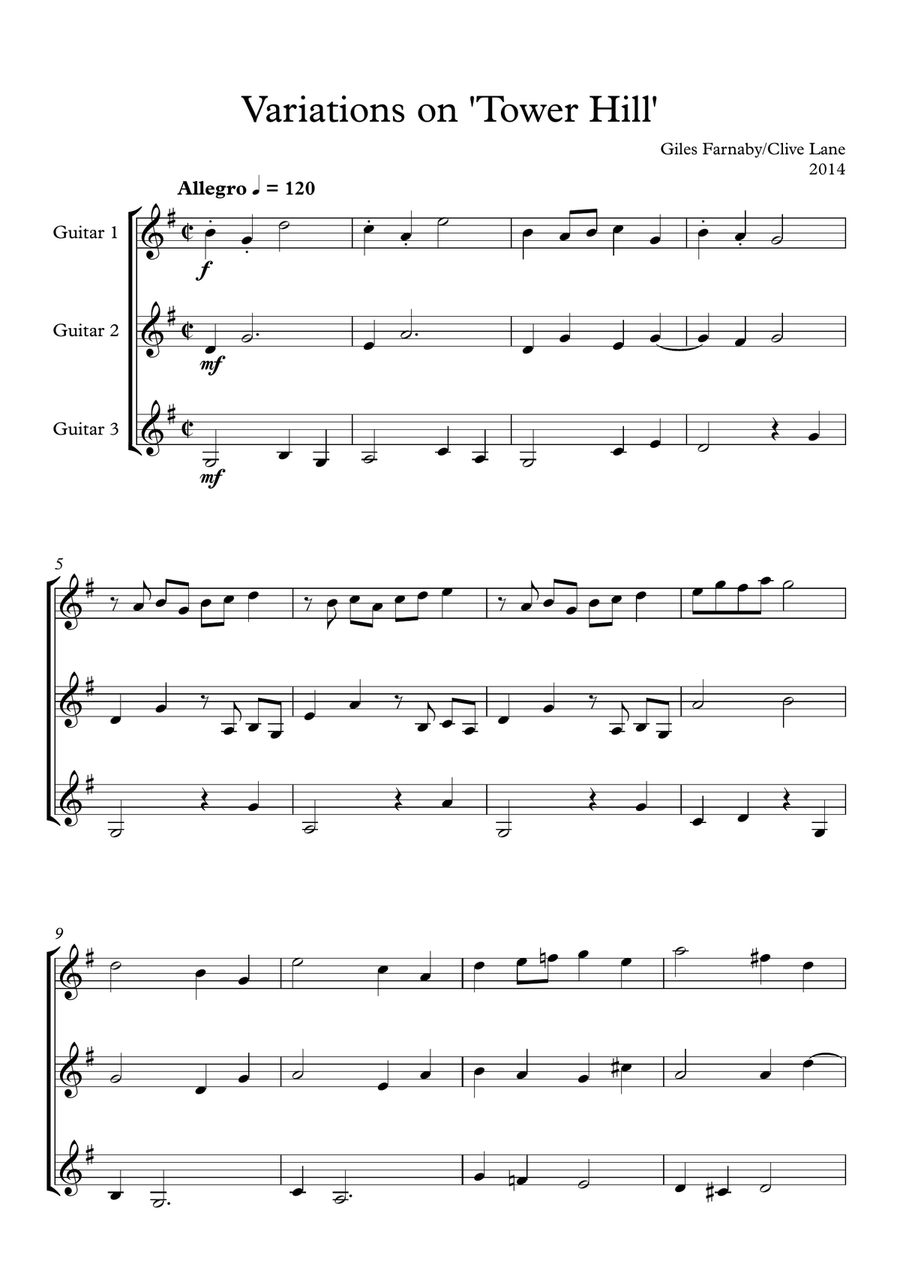 Variations on 'Tower Hill' (Farnaby) for guitar trio Guitar Ensemble scores gallery preview page 3