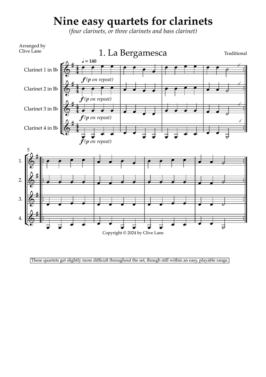 Nine Easy Clarinet Quartets Clarinet Quartet scores gallery preview page 3