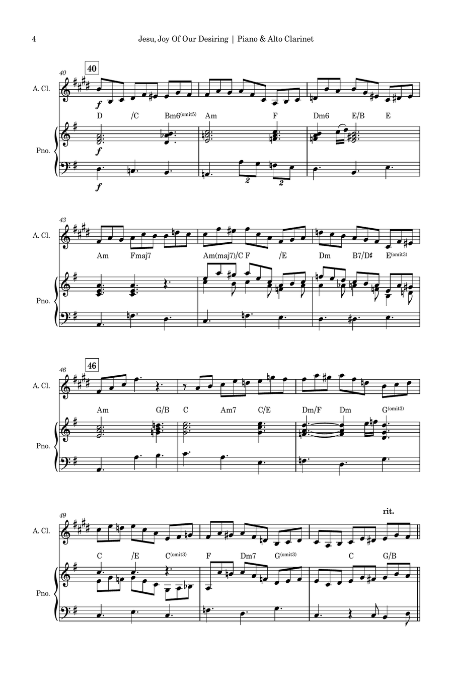 Jesu, Joy of Man's Desiring (J. S. Bach) for Alto Clarinet Solo and Piano Accompaniment with Chords E-Flat Clarinet scores gallery preview page 4