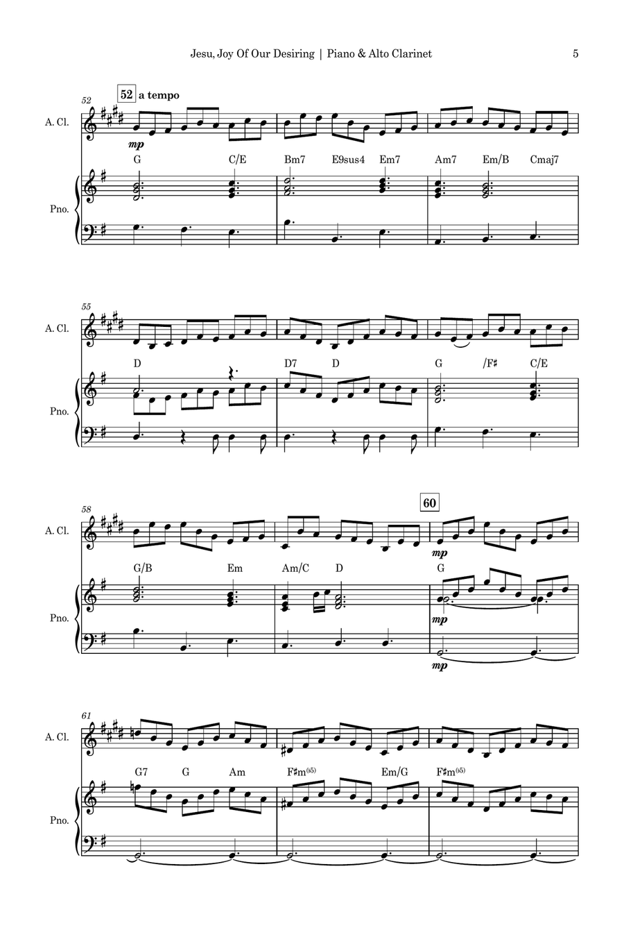 Jesu, Joy of Man's Desiring (J. S. Bach) for Alto Clarinet Solo and Piano Accompaniment with Chords E-Flat Clarinet scores gallery preview page 5