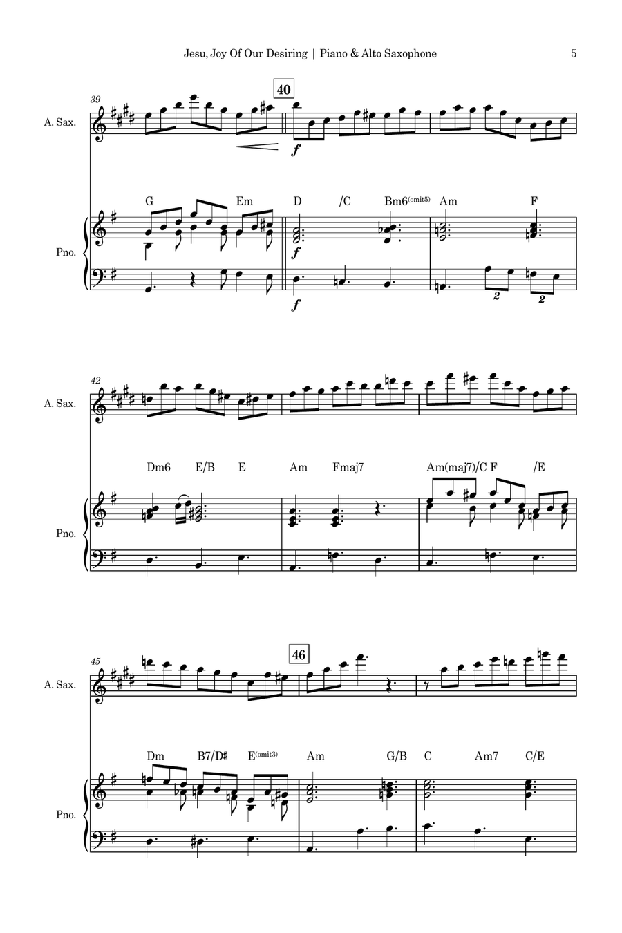 Jesu, Joy of Man's Desiring (J. S. Bach) for Alto Saxophone Solo and Piano Accompaniment with Chords Alto Saxophone scores gallery preview page 5