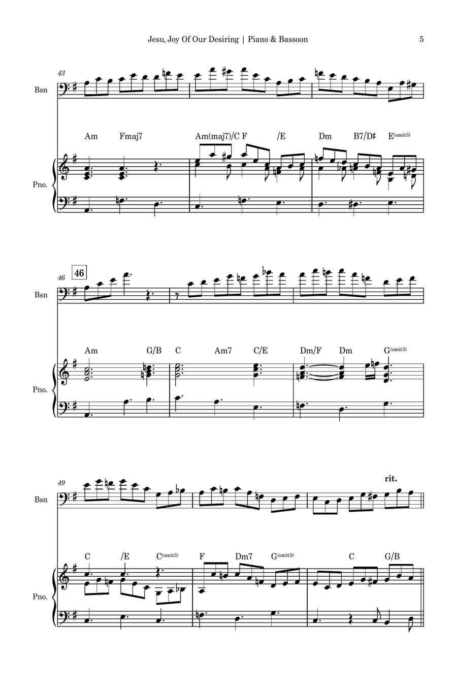 Jesu, Joy of Man's Desiring (J. S. Bach) for Bassoon Solo and Piano Accompaniment with Chords Bassoon Solo scores gallery preview page 5