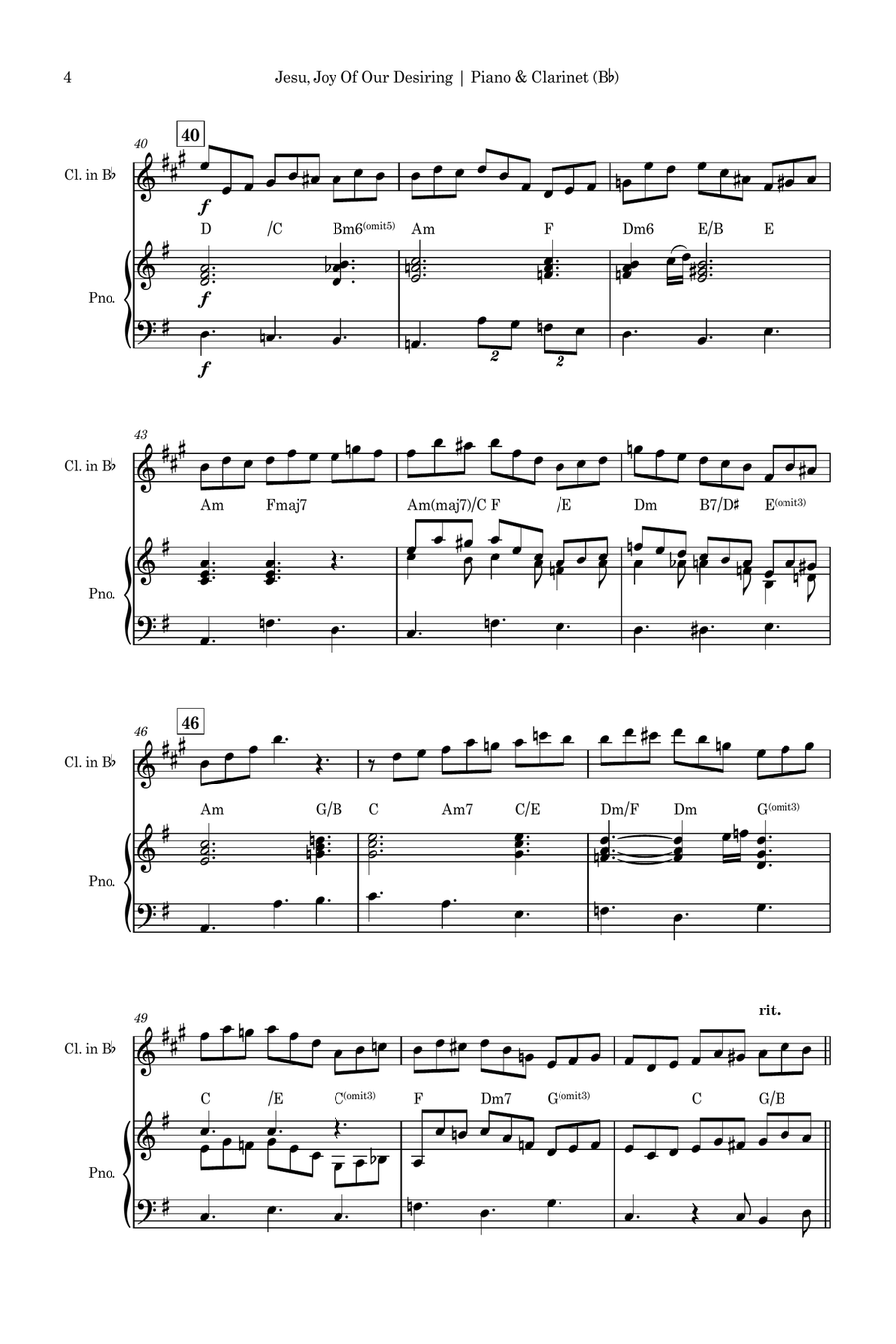 Jesu, Joy of Man's Desiring (J. S. Bach) for Clarinet in Bb Solo and Piano Accompaniment with Chords B-Flat Clarinet scores gallery preview page 4