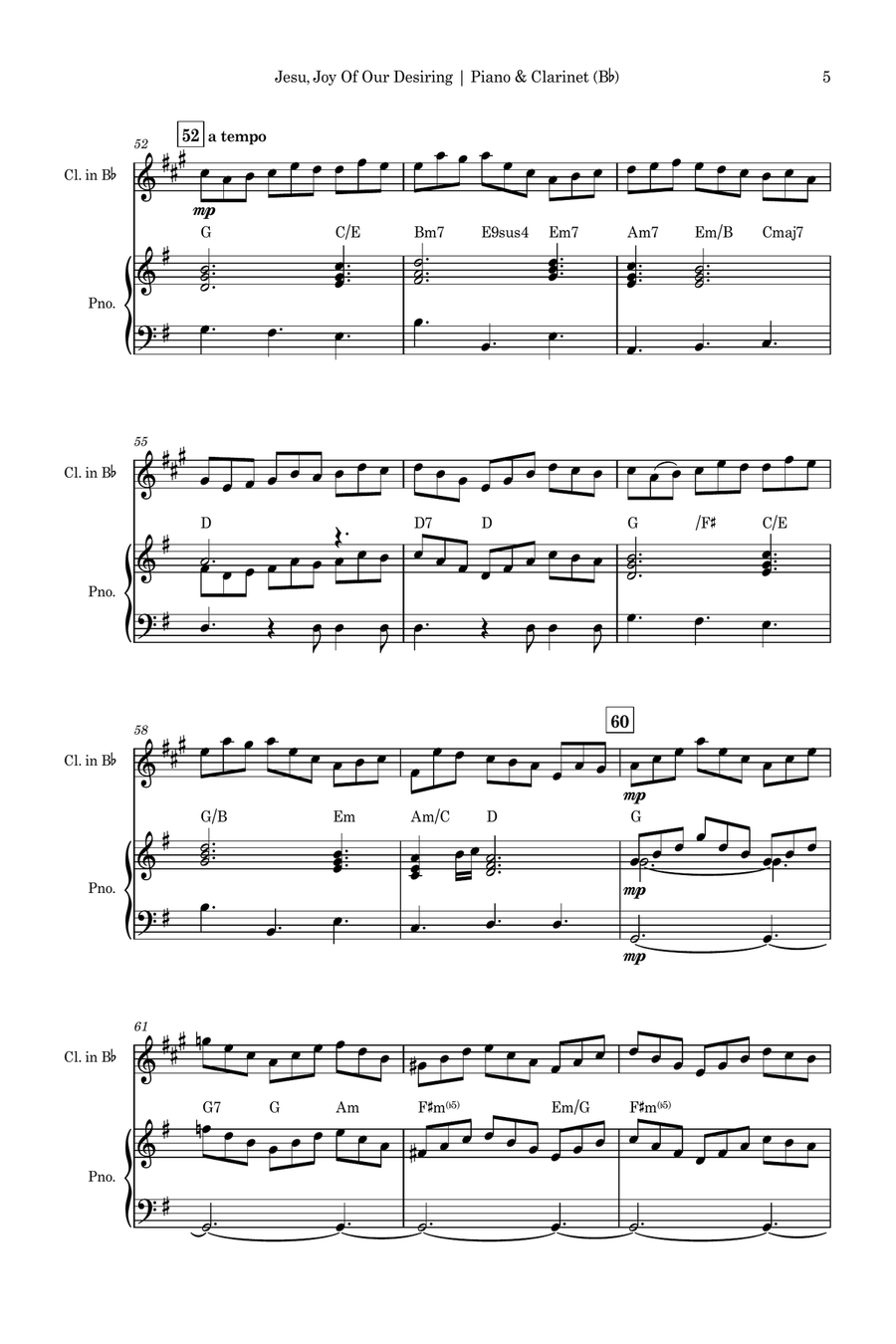 Jesu, Joy of Man's Desiring (J. S. Bach) for Clarinet in Bb Solo and Piano Accompaniment with Chords B-Flat Clarinet scores gallery preview page 5