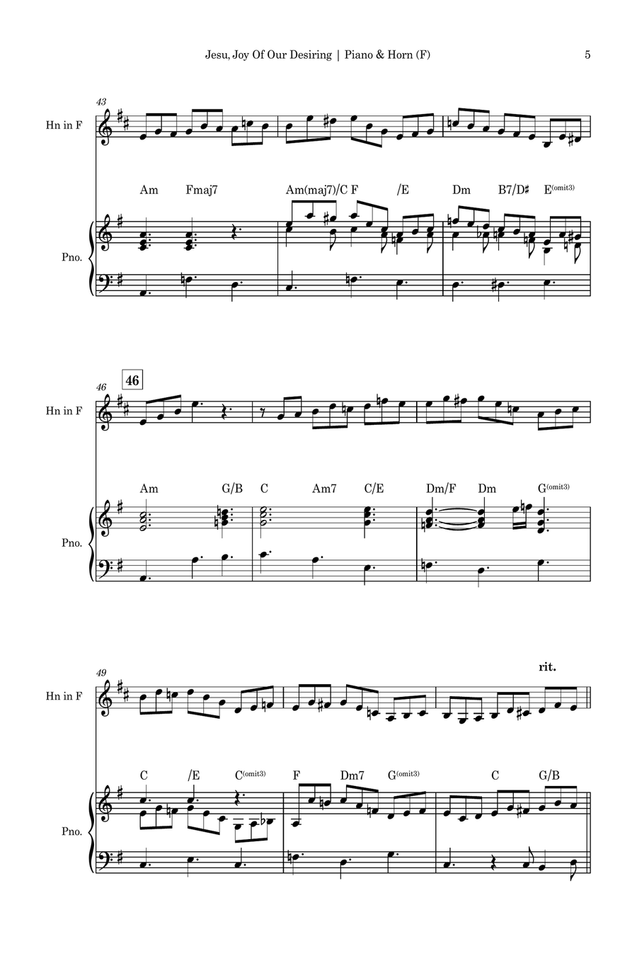 Jesu, Joy of Man's Desiring (J. S. Bach) for Horn in F Solo and Piano Accompaniment with Chords Piano scores gallery preview page 5