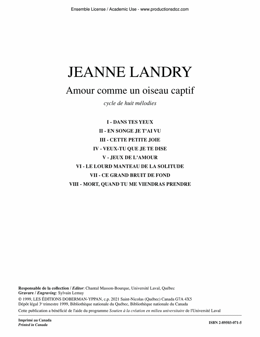 Amour comme un oiseau captif Voice Solo scores gallery preview page 1