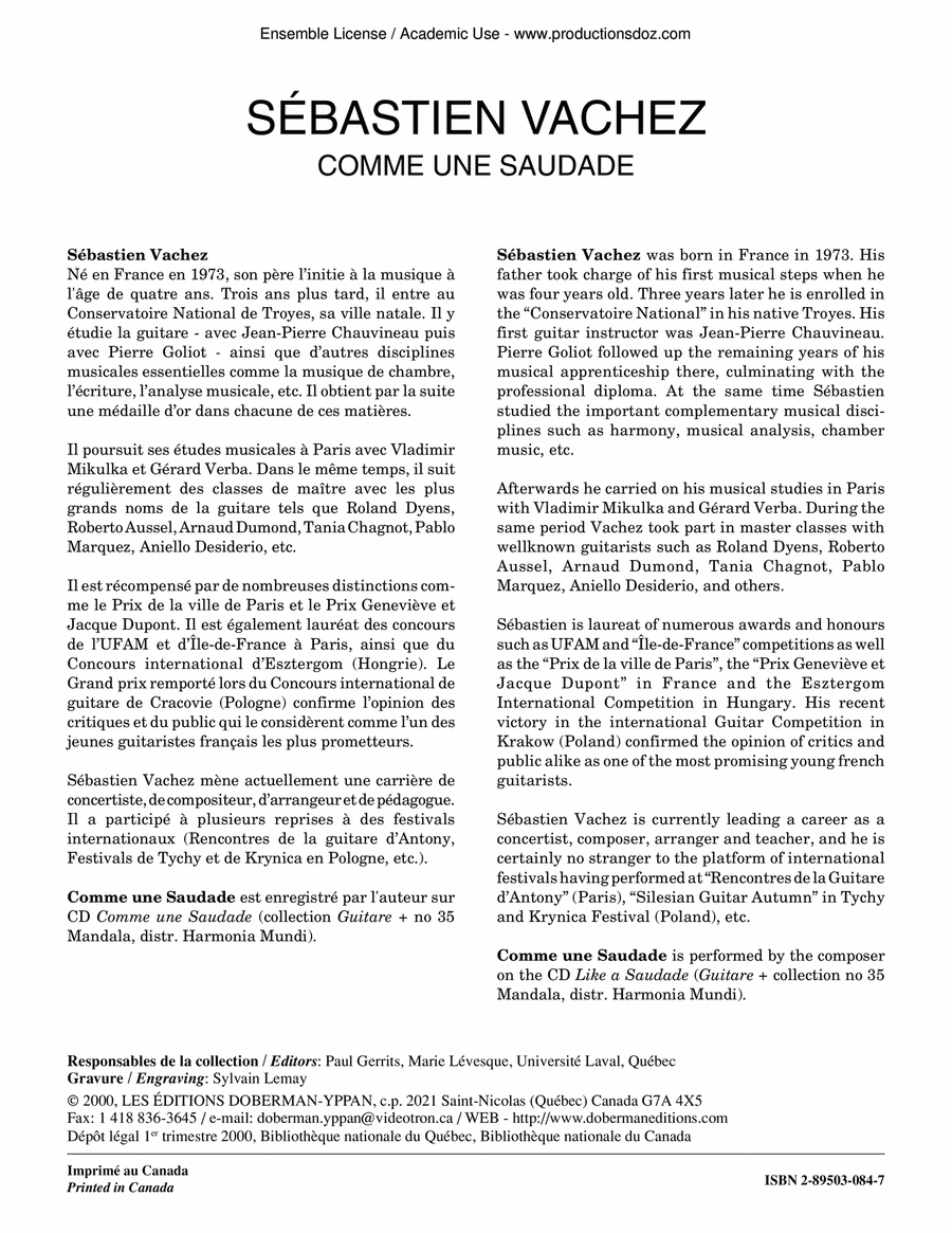 Comme une Saudade Comme une Saudade Classical Guitar scores gallery preview page 1