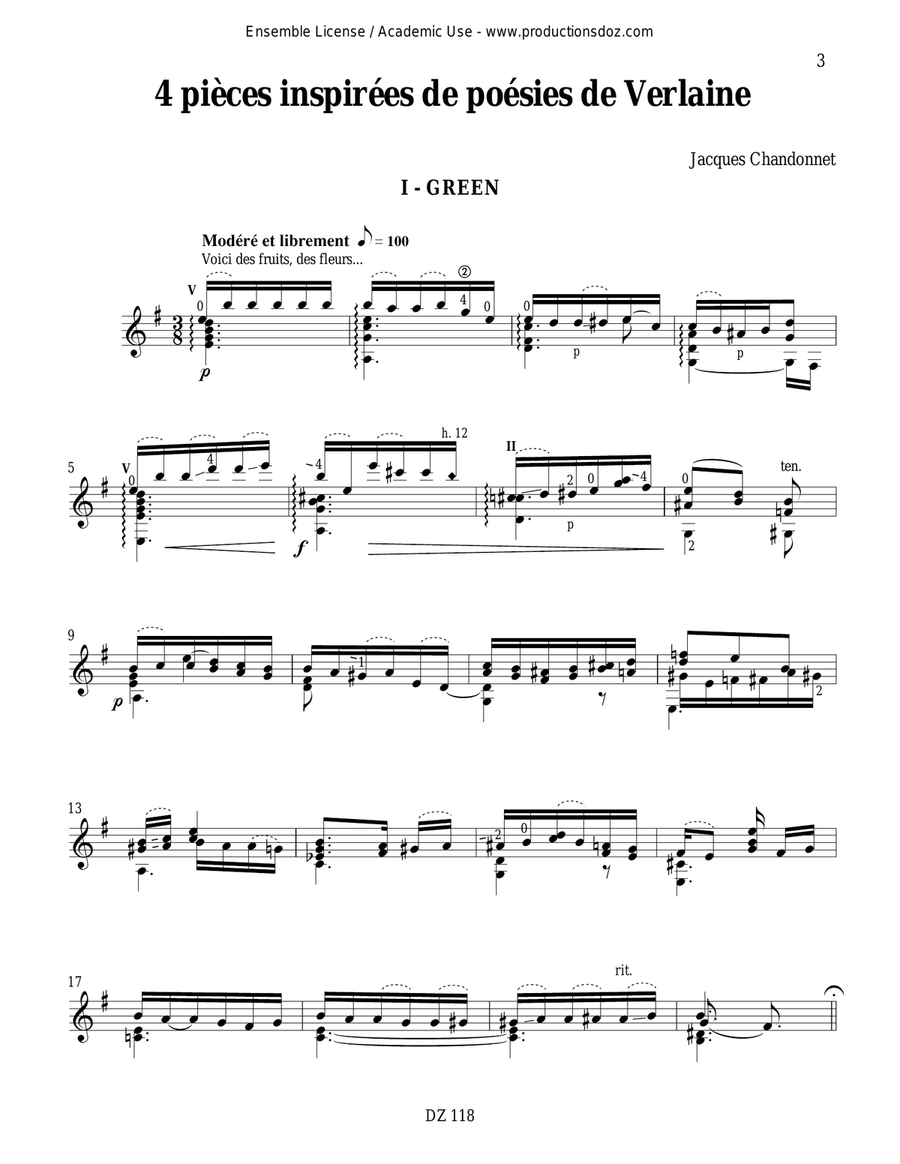 4 pièces inspirées de poèmes de Verlaine Classical Guitar scores gallery preview page 3