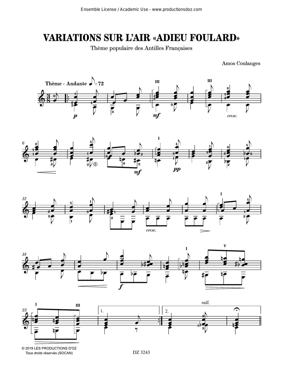 Variations sur l’air «Adieu Foulard» Classical Guitar scores gallery preview page 3