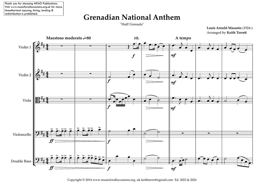 Grenadian National Anthem for String Orchestra String Orchestra scores gallery preview page 2
