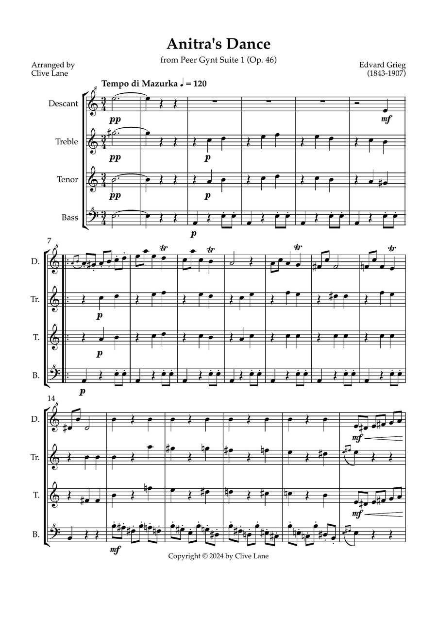 Anitra's Dance (Grieg) for recorder quartet Soprano Recorder scores gallery preview page 3