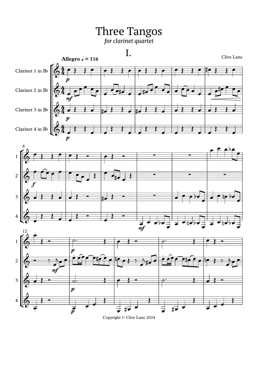 Three Tangos for clarinet quartet Clarinet Quartet scores gallery preview page 3