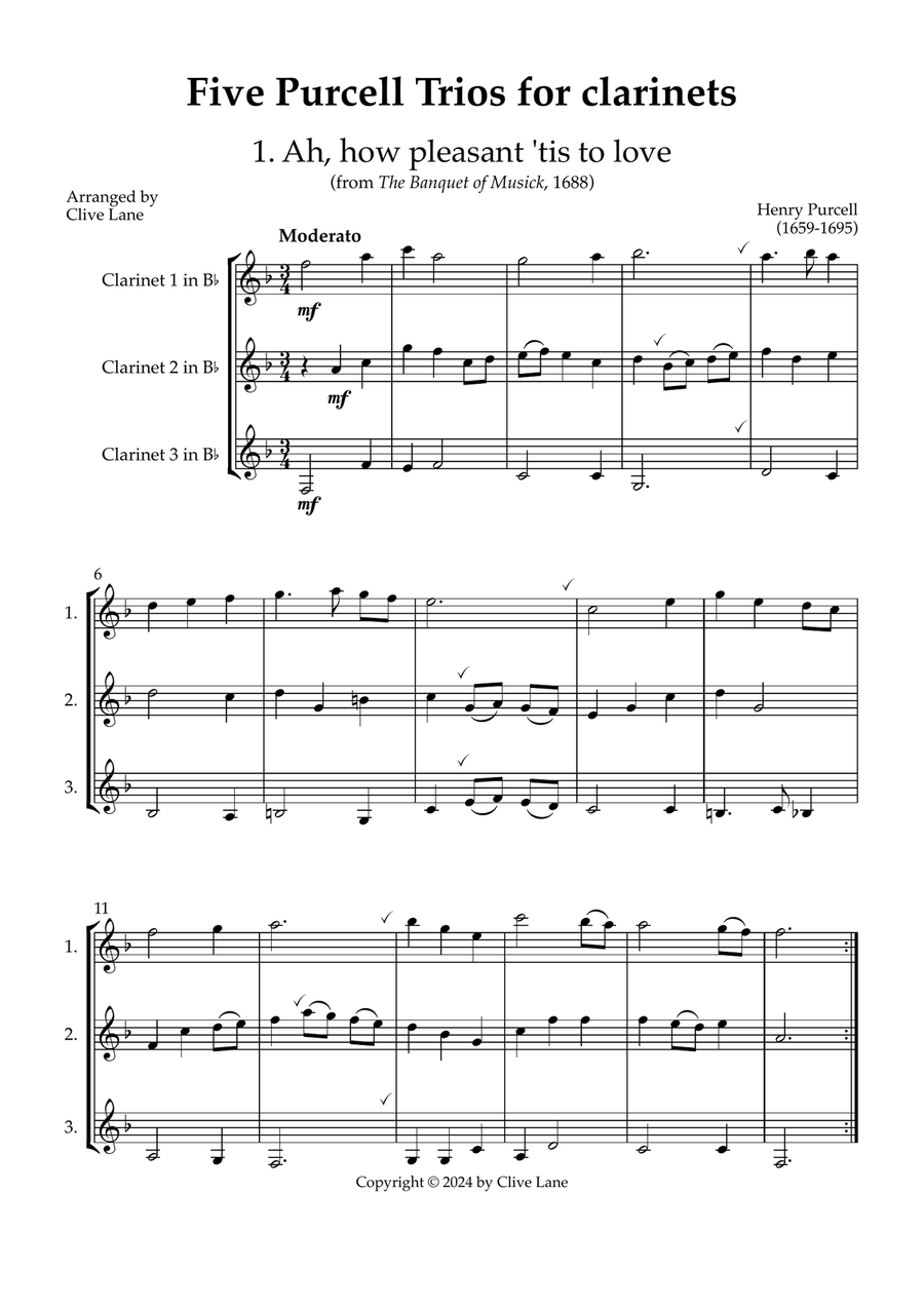 Five Purcell Trios for clarinets Woodwind Trio scores gallery preview page 3
