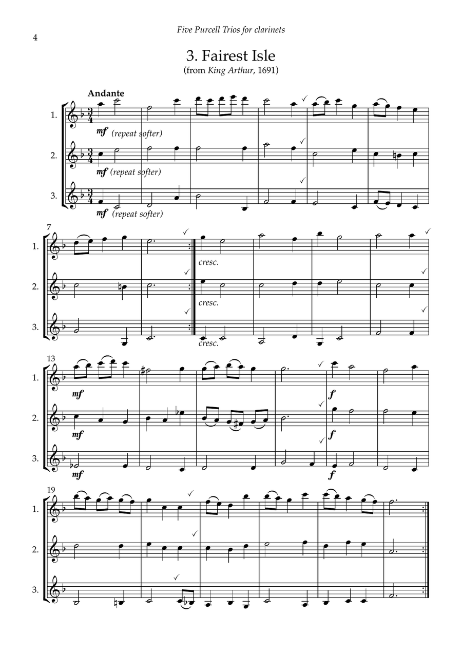 Five Purcell Trios for clarinets Woodwind Trio scores gallery preview page 6
