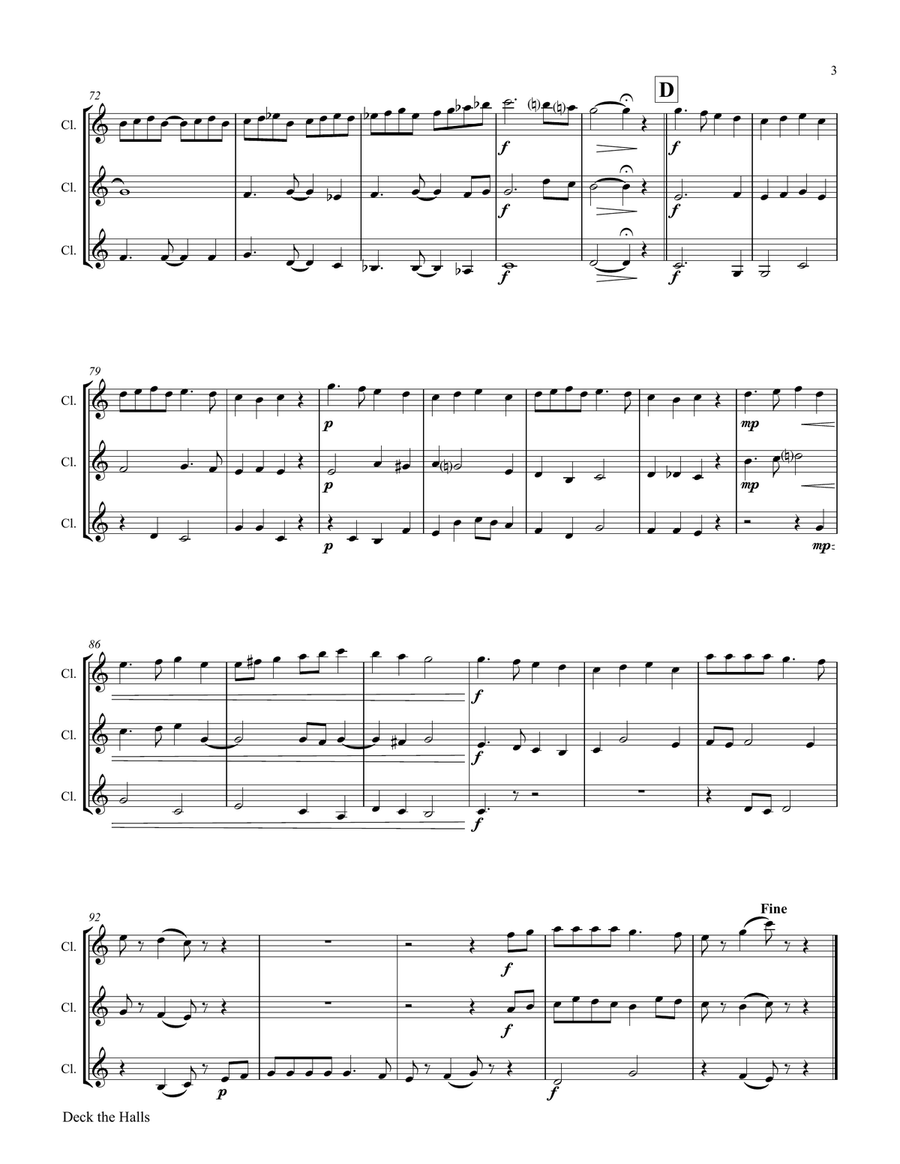 Deck the halls - Christmas Carol Polyphonic - Clarinet Trio - Ab Clarinet Trio scores gallery preview page 4