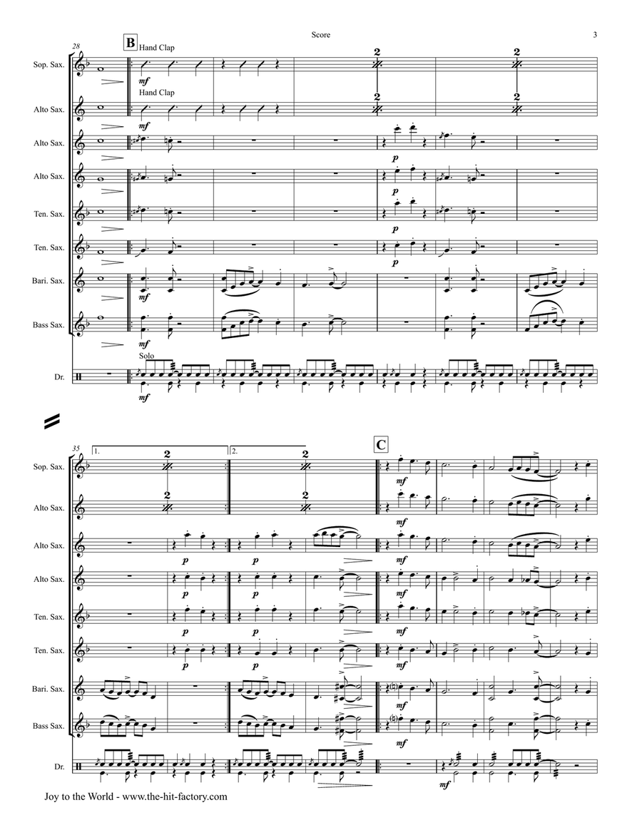 Joy to the World - Second Line Groove - Saxophone Quintet - Eb Saxophone Quintet scores gallery preview page 4