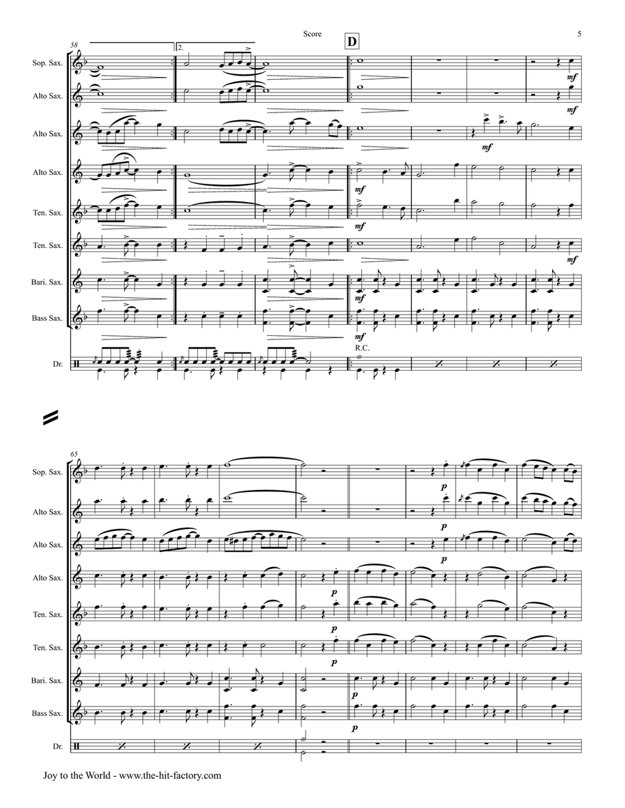 Joy to the World - Second Line Groove - Saxophone Quintet - Eb Saxophone Quintet scores gallery preview page 6