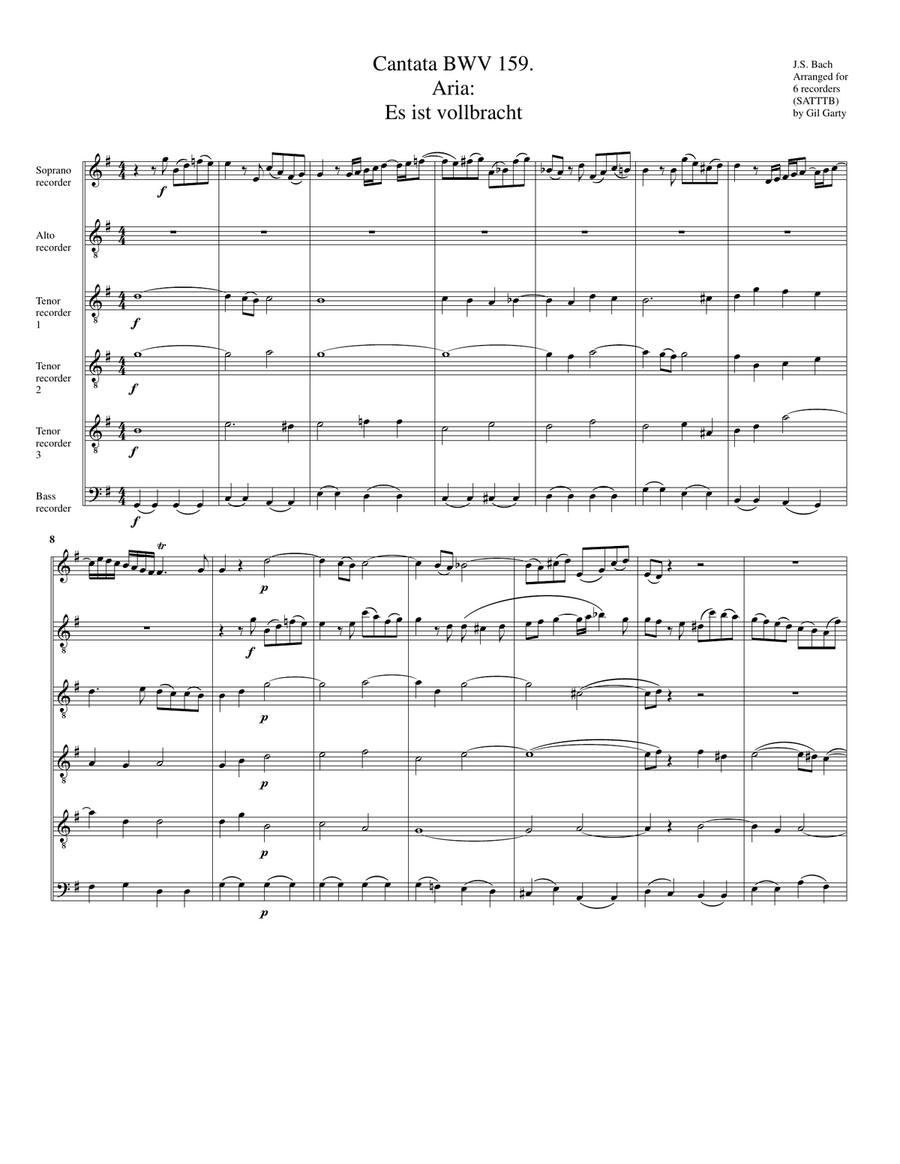 Aria: Es ist vollbracht from Cantata BWV 159 (arrangement for 6 recorders (SATTTB)) Soprano Recorder scores gallery preview page 2