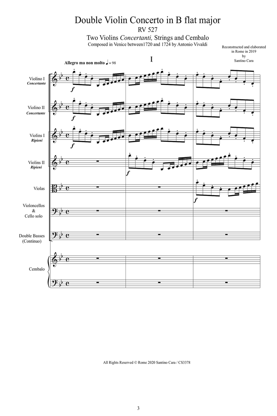Vivaldi - Double Violin Concerto in B flat major RV 527 for Two Violins, Strings and Cembalo Chamber Orchestra scores gallery preview page 3