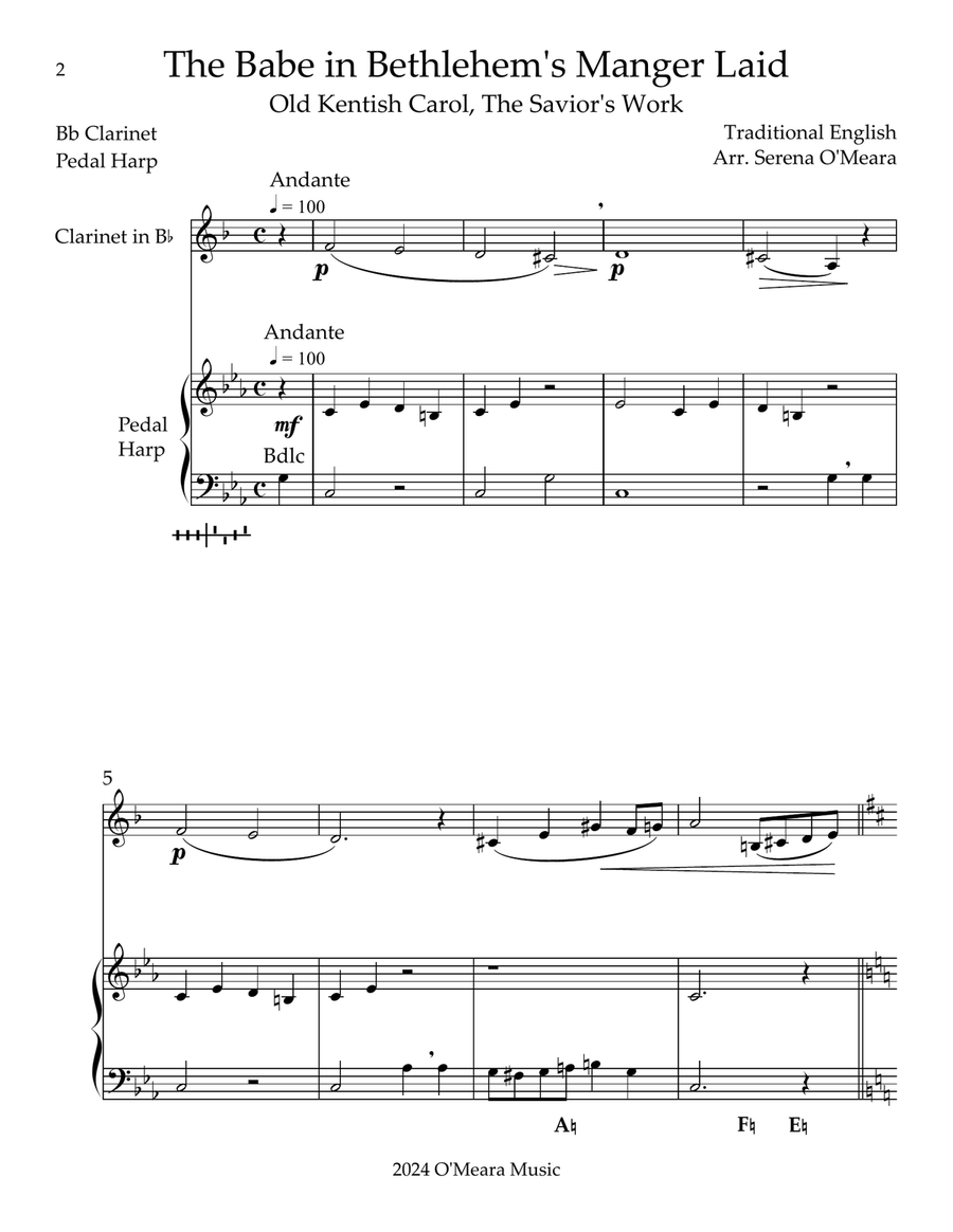 The Babe In Bethlehem’s Manger Laid, Duet for Bb Clarinet & Pedal Harp B-Flat Clarinet scores gallery preview page 2