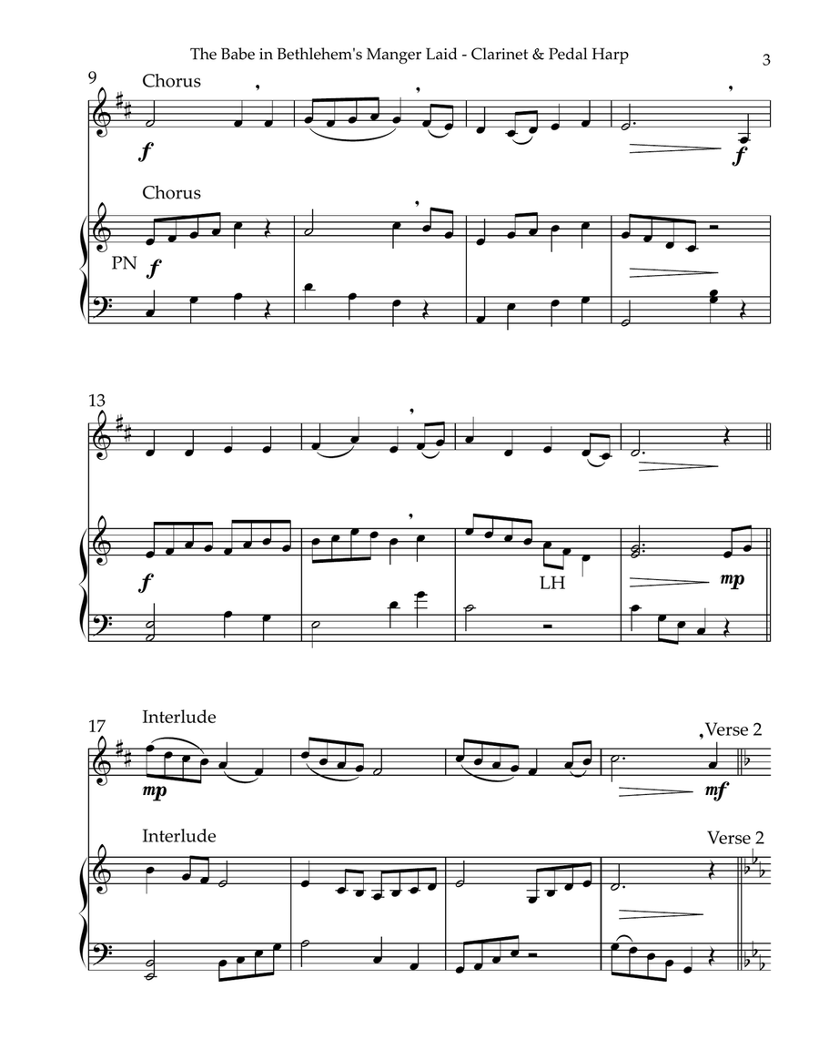The Babe In Bethlehem’s Manger Laid, Duet for Bb Clarinet & Pedal Harp B-Flat Clarinet scores gallery preview page 3