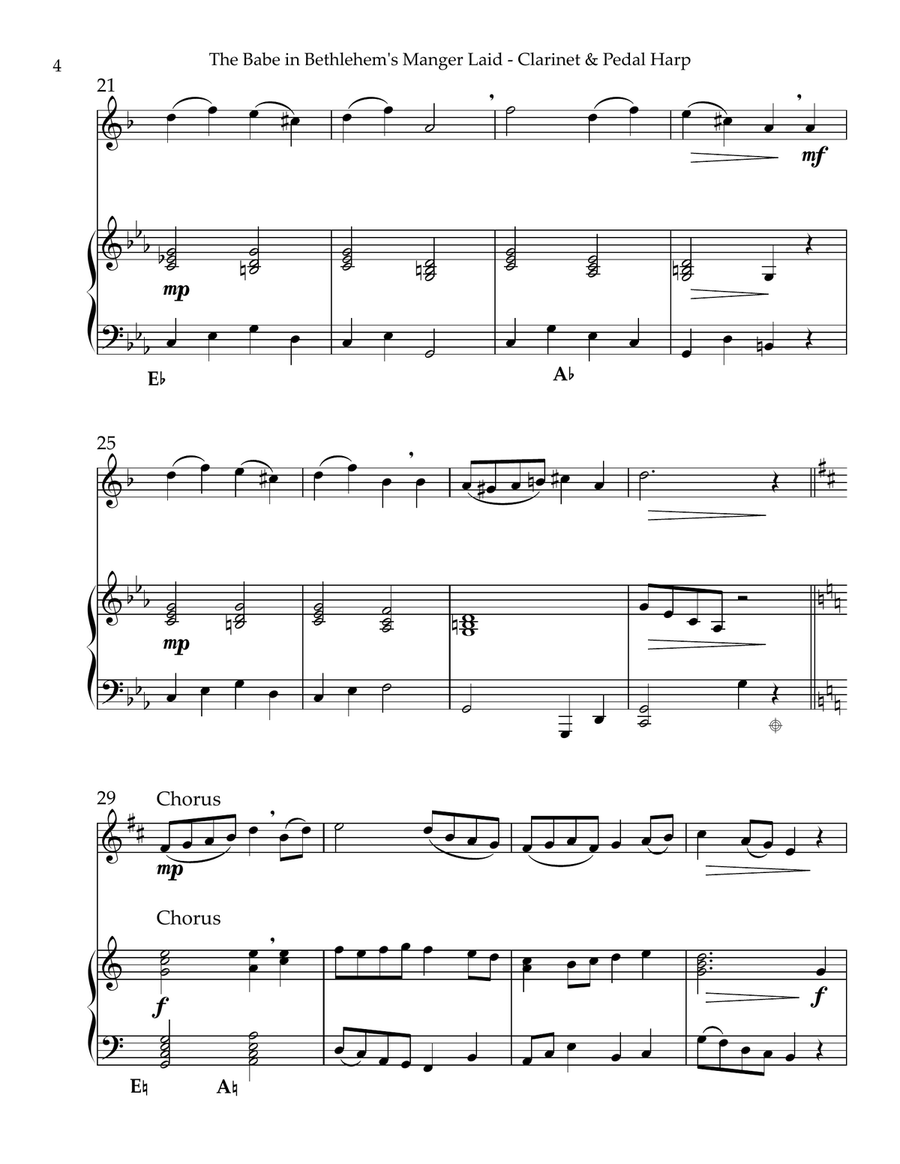 The Babe In Bethlehem’s Manger Laid, Duet for Bb Clarinet & Pedal Harp B-Flat Clarinet scores gallery preview page 4