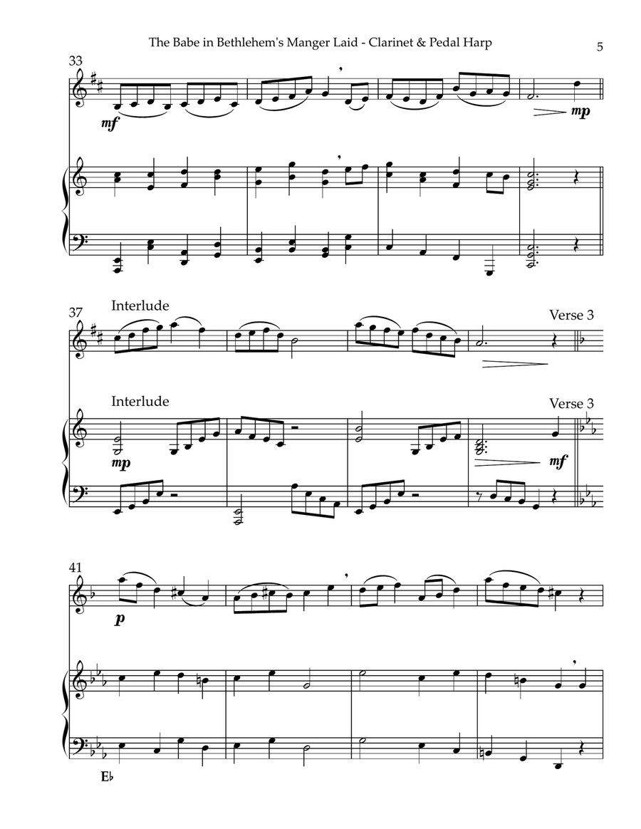 The Babe In Bethlehem’s Manger Laid, Duet for Bb Clarinet & Pedal Harp B-Flat Clarinet scores gallery preview page 5