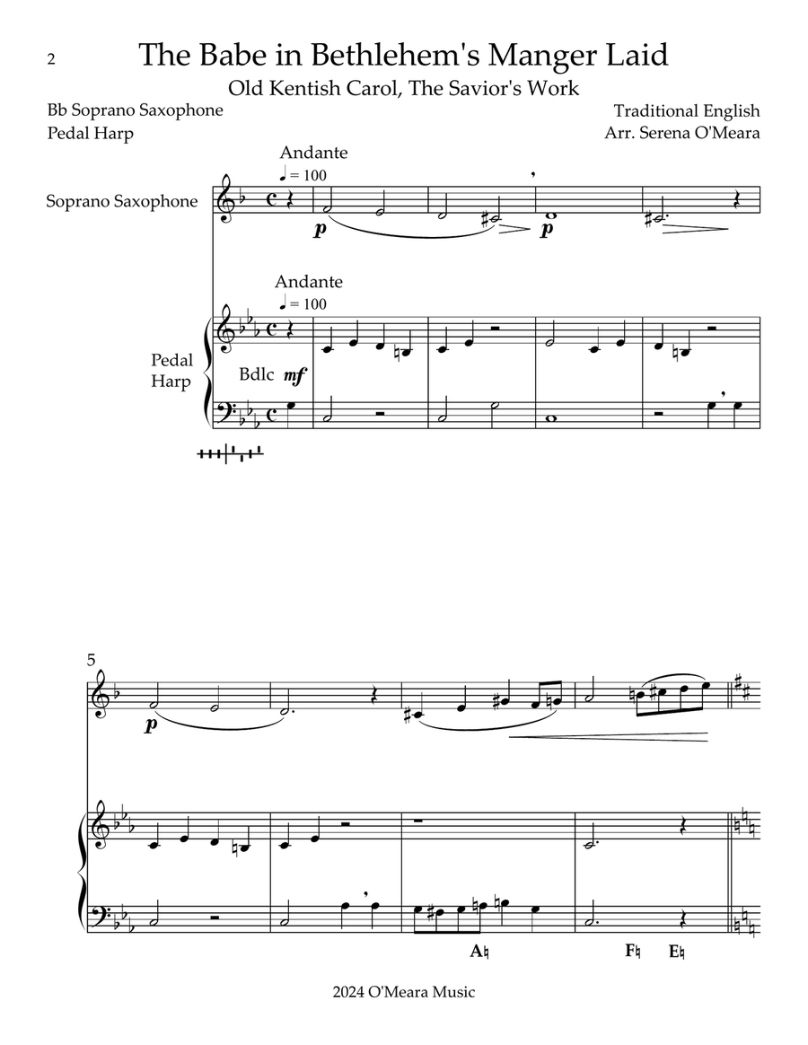 The Babe In Bethlehem’s Manger Laid, Duet for Bb Soprano Saxophone & Pedal Harp Soprano Saxophone scores gallery preview page 2