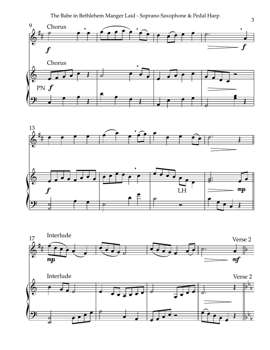 The Babe In Bethlehem’s Manger Laid, Duet for Bb Soprano Saxophone & Pedal Harp Soprano Saxophone scores gallery preview page 3