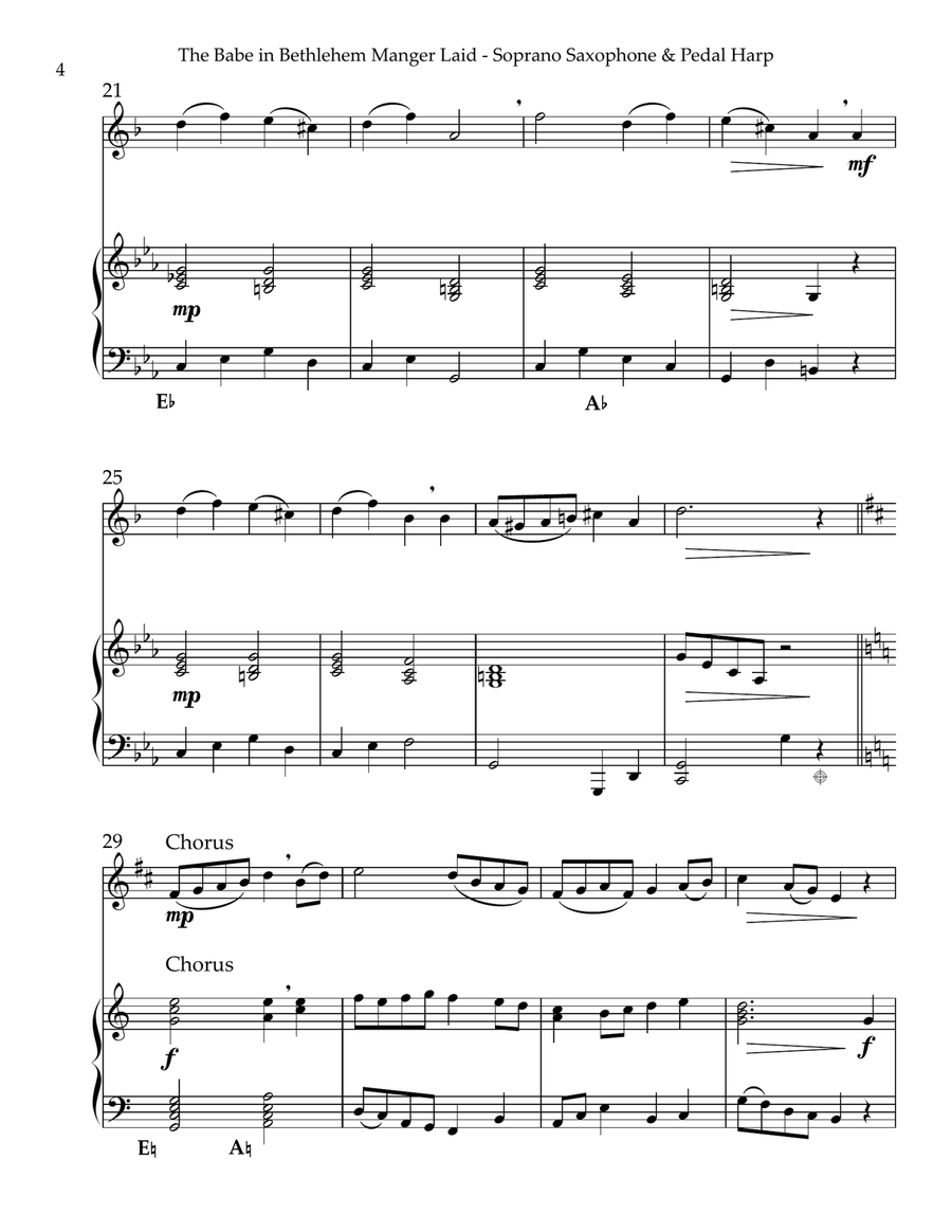 The Babe In Bethlehem’s Manger Laid, Duet for Bb Soprano Saxophone & Pedal Harp Soprano Saxophone scores gallery preview page 4
