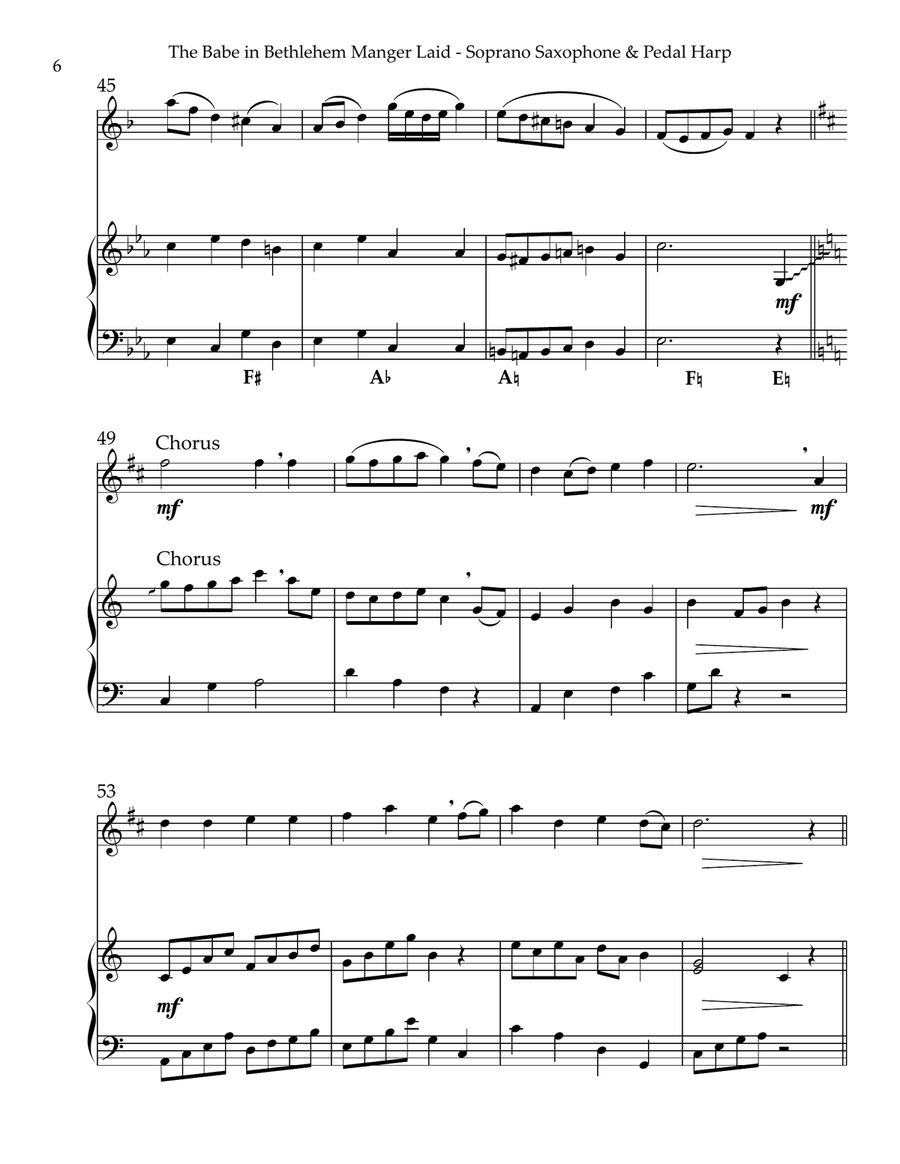 The Babe In Bethlehem’s Manger Laid, Duet for Bb Soprano Saxophone & Pedal Harp Soprano Saxophone scores gallery preview page 6