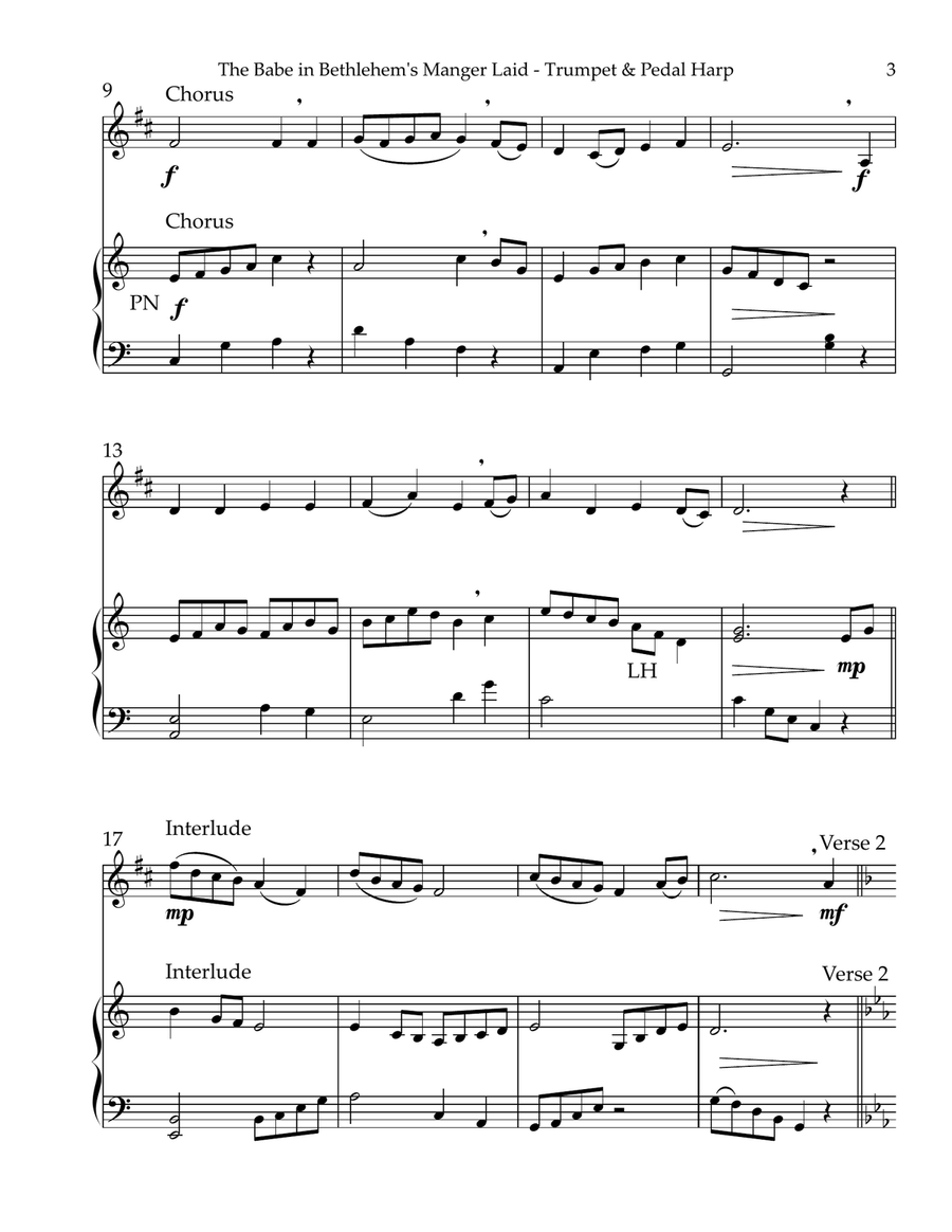 The Babe In Bethlehem’s Manger Laid, Duet for Bb Trumpet & Pedal Harp Trumpet Duet scores gallery preview page 3