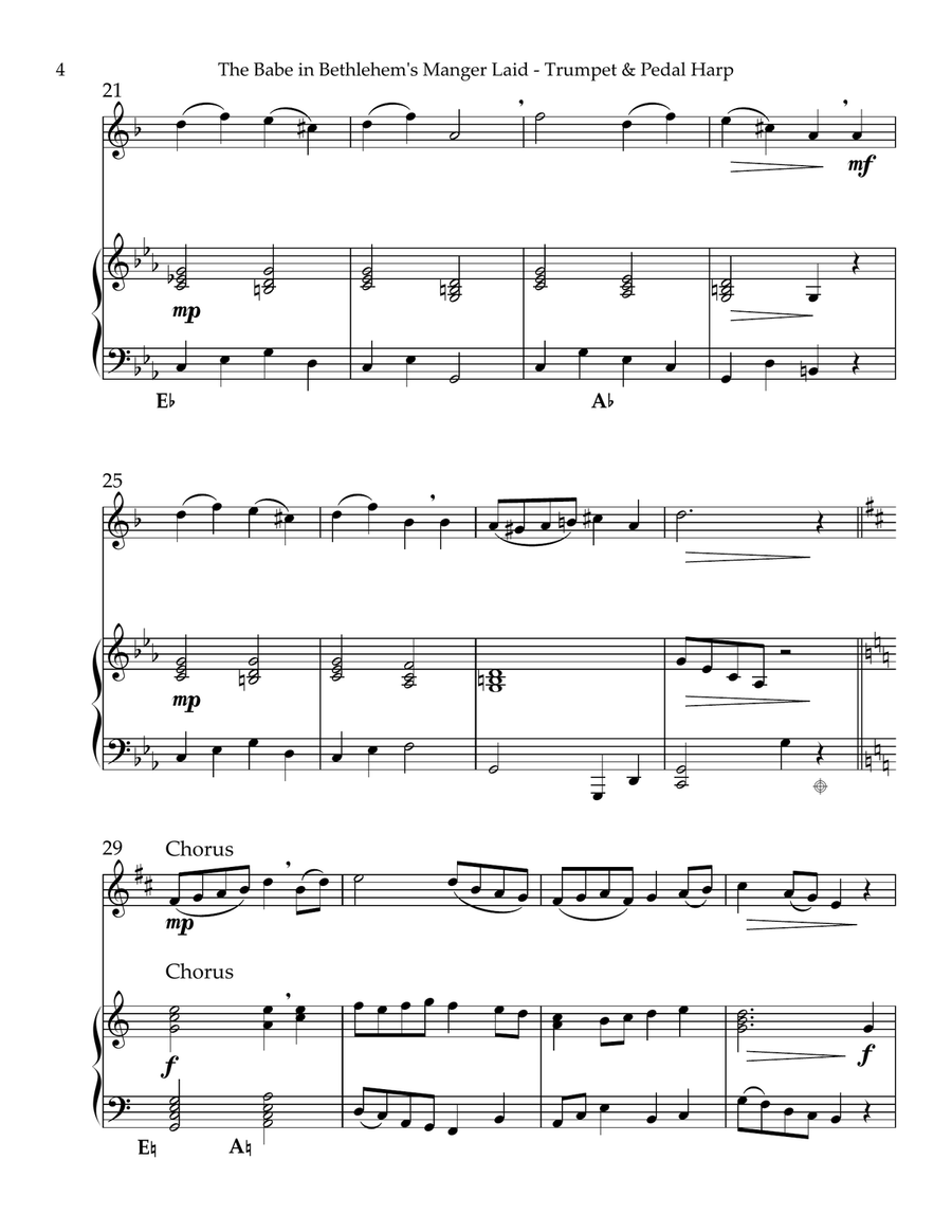 The Babe In Bethlehem’s Manger Laid, Duet for Bb Trumpet & Pedal Harp Trumpet Duet scores gallery preview page 4