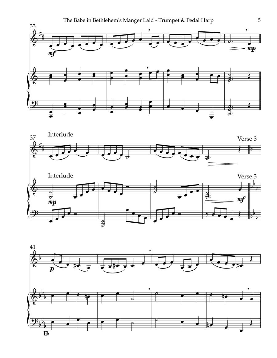 The Babe In Bethlehem’s Manger Laid, Duet for Bb Trumpet & Pedal Harp Trumpet Duet scores gallery preview page 5