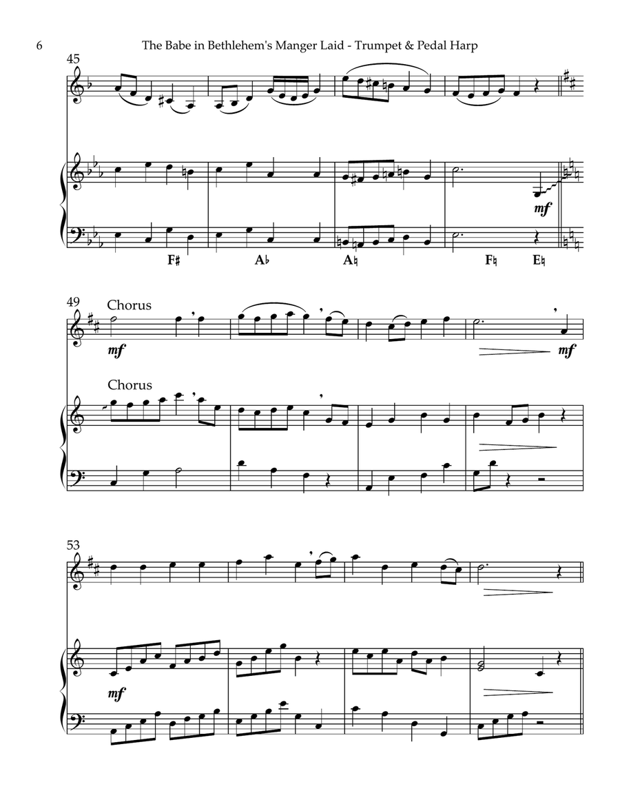 The Babe In Bethlehem’s Manger Laid, Duet for Bb Trumpet & Pedal Harp Trumpet Duet scores gallery preview page 6