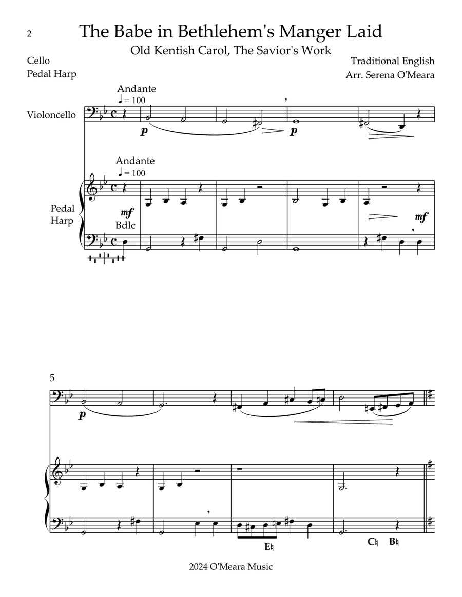 The Babe In Bethlehem’s Manger Laid, Duet for Cello & Pedal Harp String Duet scores gallery preview page 2