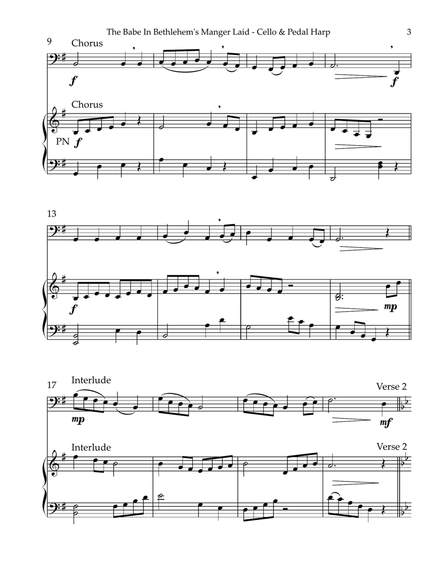 The Babe In Bethlehem’s Manger Laid, Duet for Cello & Pedal Harp String Duet scores gallery preview page 3