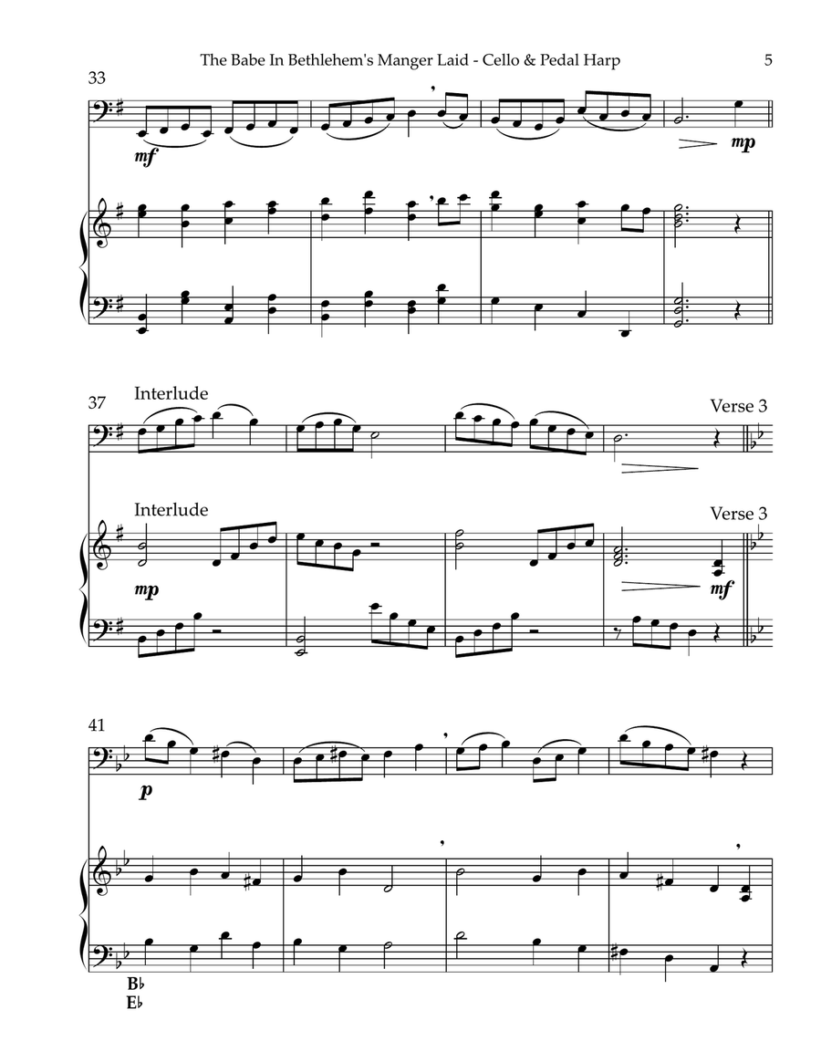 The Babe In Bethlehem’s Manger Laid, Duet for Cello & Pedal Harp String Duet scores gallery preview page 5