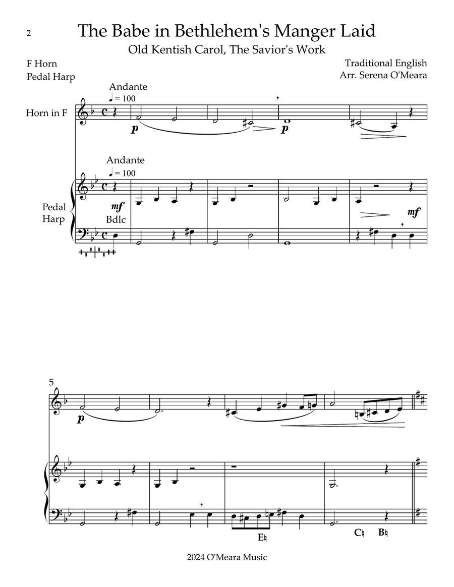 The Babe In Bethlehem’s Manger Laid, Duet for Horn in F & Pedal Harp Pedal Harp scores gallery preview page 2