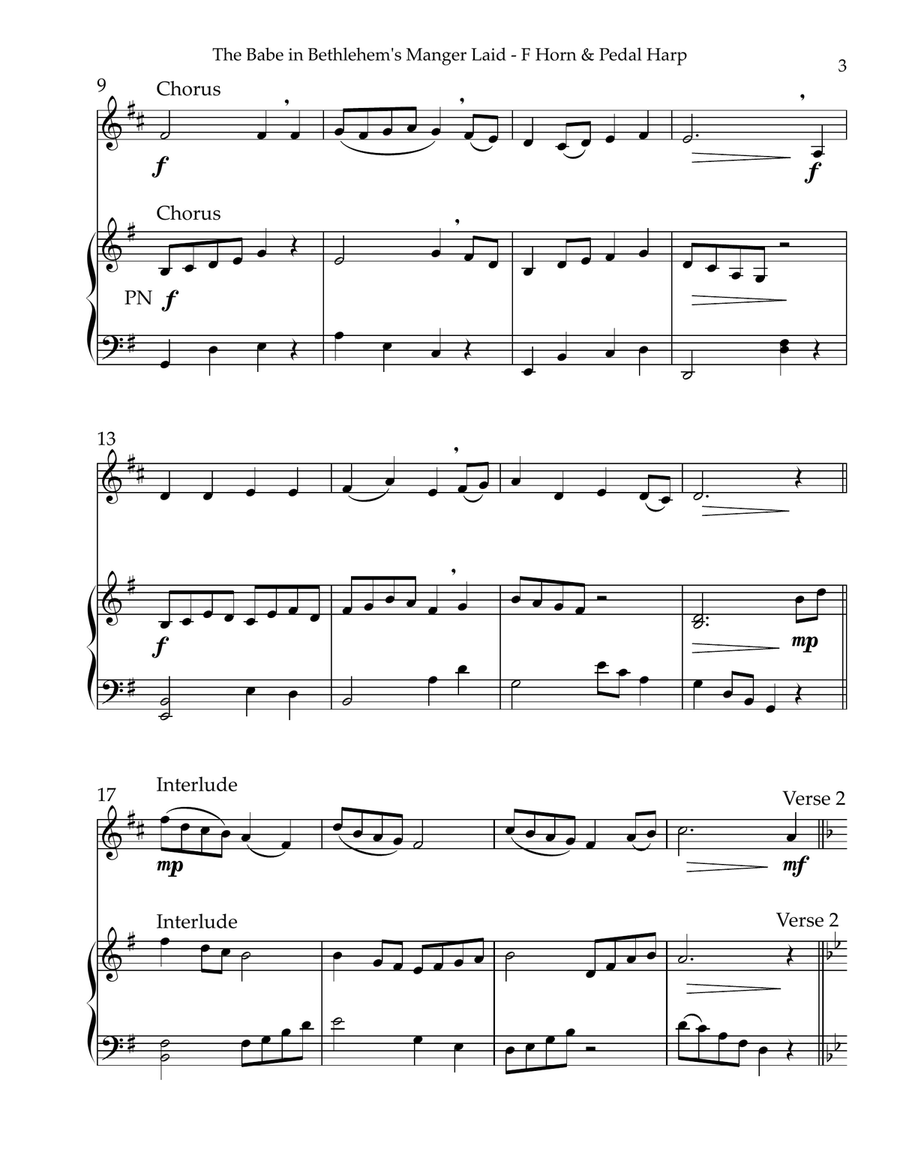 The Babe In Bethlehem’s Manger Laid, Duet for Horn in F & Pedal Harp Pedal Harp scores gallery preview page 3