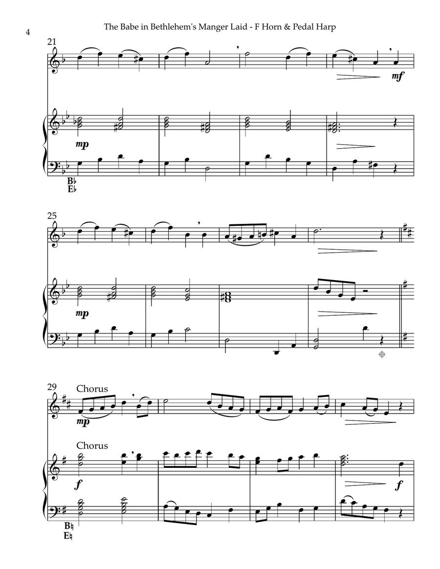 The Babe In Bethlehem’s Manger Laid, Duet for Horn in F & Pedal Harp Pedal Harp scores gallery preview page 4