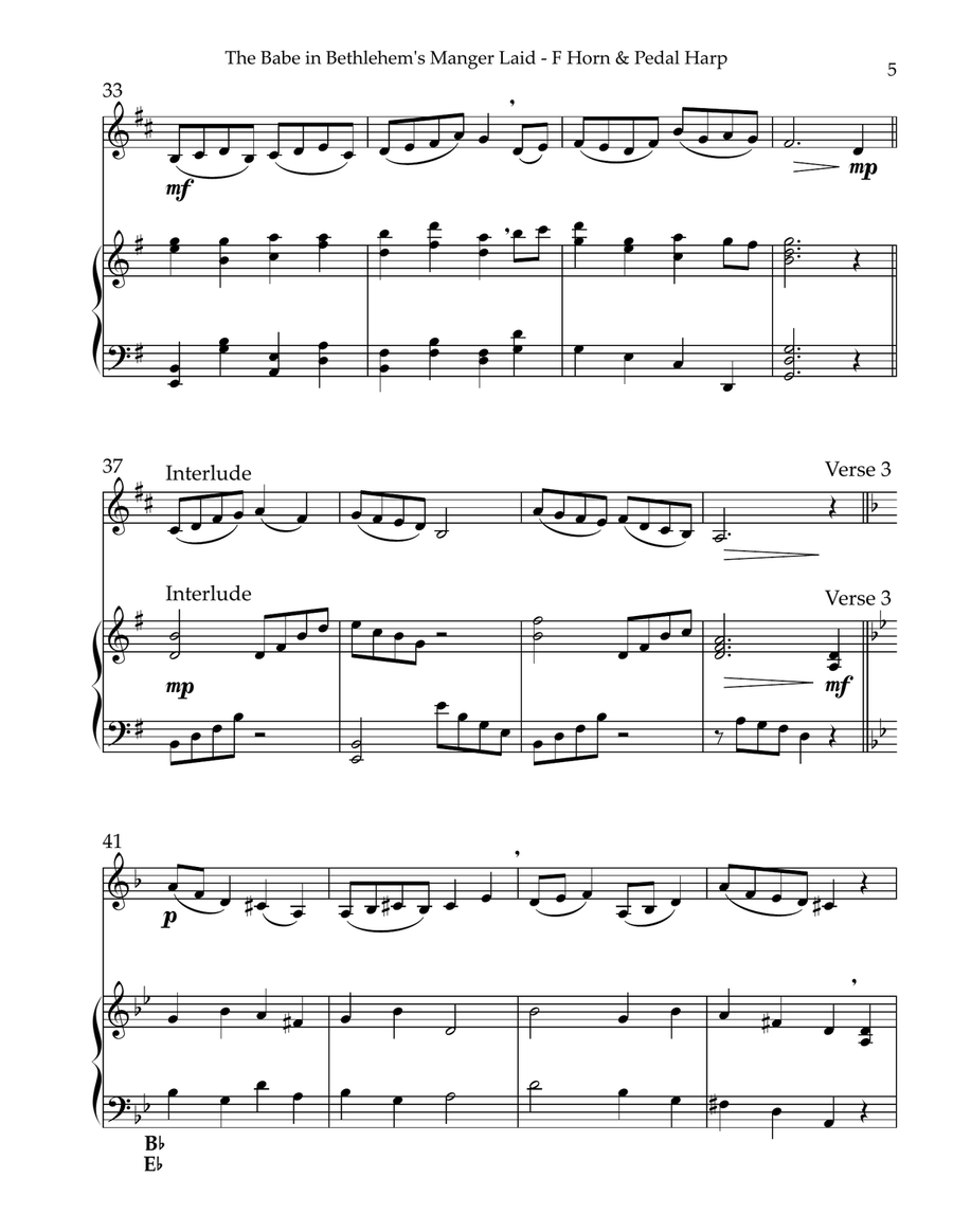The Babe In Bethlehem’s Manger Laid, Duet for Horn in F & Pedal Harp Pedal Harp scores gallery preview page 5