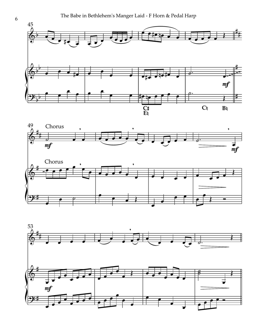 The Babe In Bethlehem’s Manger Laid, Duet for Horn in F & Pedal Harp Pedal Harp scores gallery preview page 6
