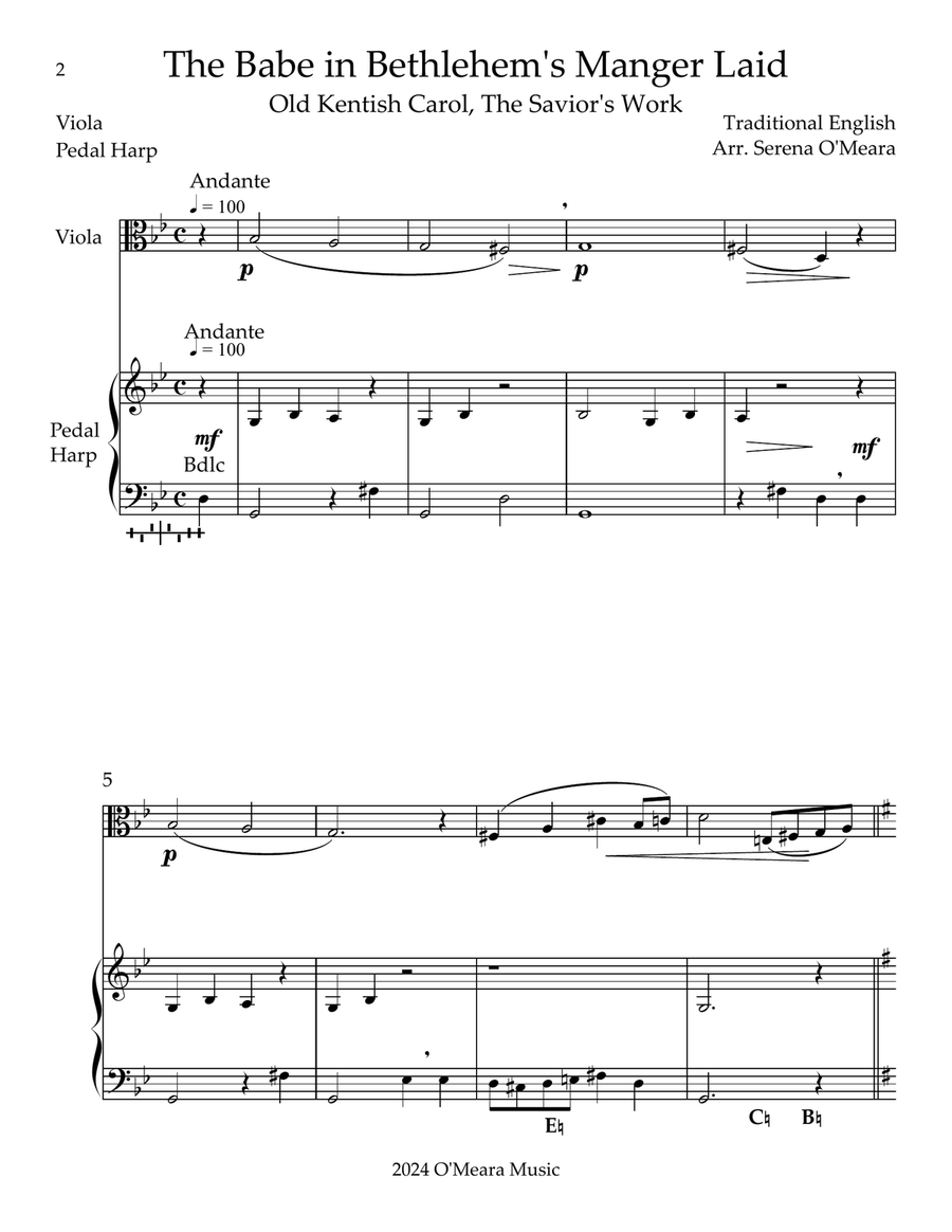 The Babe In Bethlehem’s Manger Laid, Duet for Viola & Pedal Harp String Duet scores gallery preview page 2