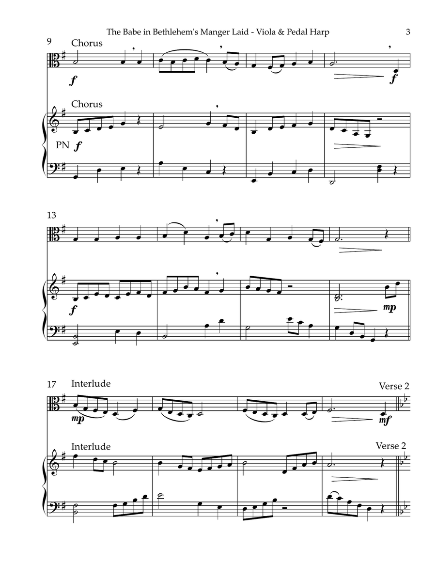 The Babe In Bethlehem’s Manger Laid, Duet for Viola & Pedal Harp String Duet scores gallery preview page 3